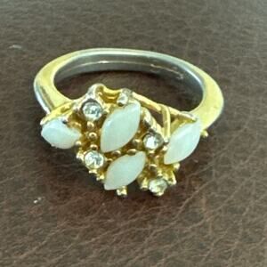 Palladium, Faux? Opal, Rhinestone? Gold Tone Ring Size 5.5 Stamped U6 With Arrow